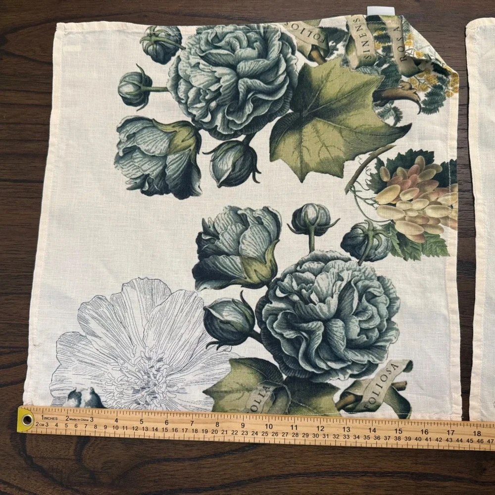 Garnier-Thiebaut Set of 4 French Linen Napkins Floral Botanical Green Blue 17.5